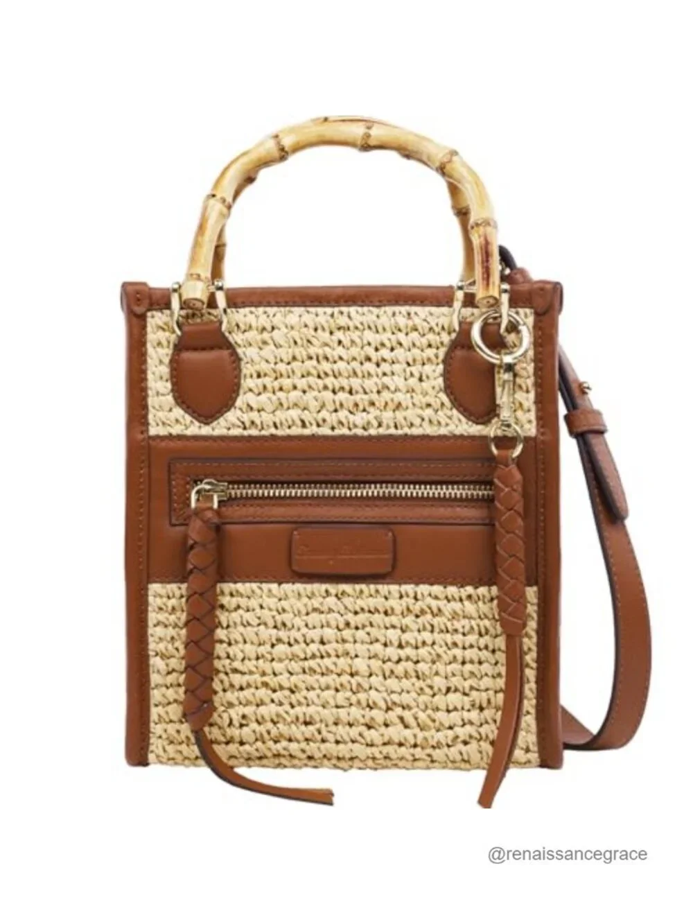 Raffia Tote Bag with Bamboo Handle, Leather Trim, Crossbody Strap